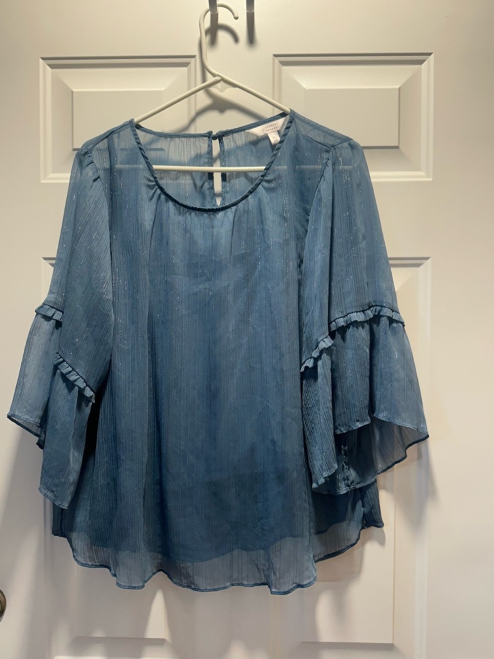 LC Lauren Conrad Dusty Blue Ruffled Bell-Sleeve Blouse